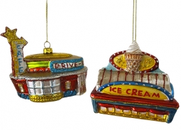 Drive-In Cafe and  Ice Cream Cafe Ornaments Set of 2