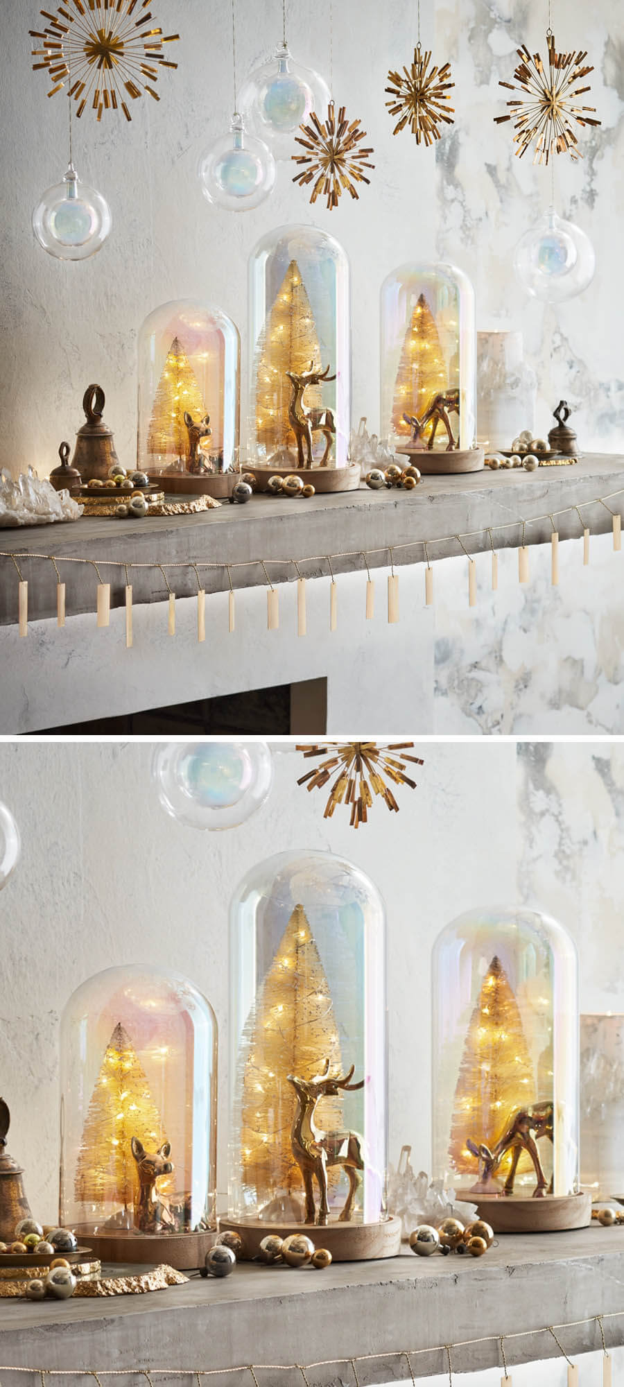 Lighted Set 3 Christmas Tree Glass Domes With Deer Trees