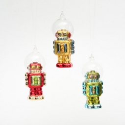 3 x Retro Glass Christmas Robot Ornament - Tree Ornaments