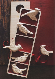 Wooden Cardinal Birds Christmas Tree Ornaments Set of 5