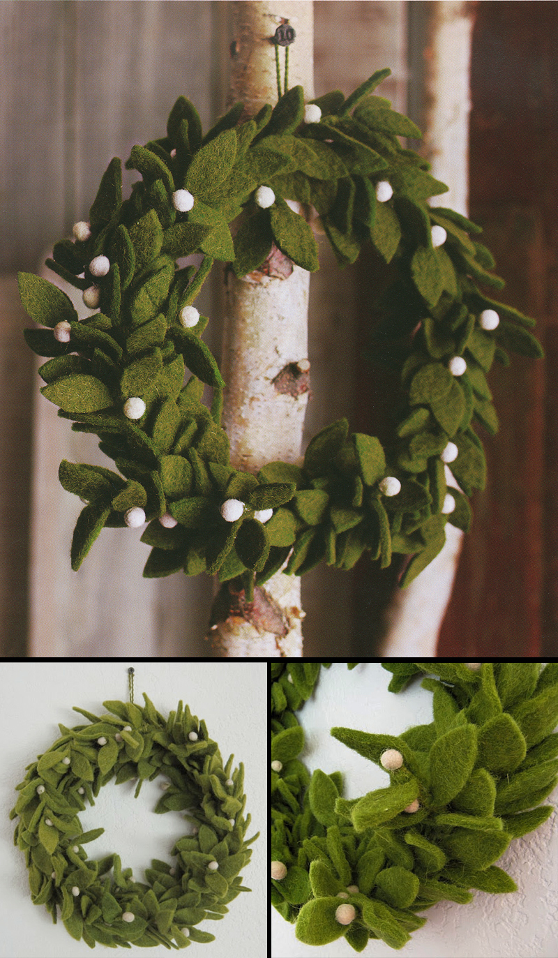 Green Felt Wreath with Mistletoe Accents / Felt Christmas 