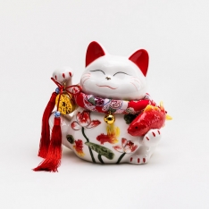 White Ceramic Maneki Neko Lucky Welcome Cat w Red Fish Bank