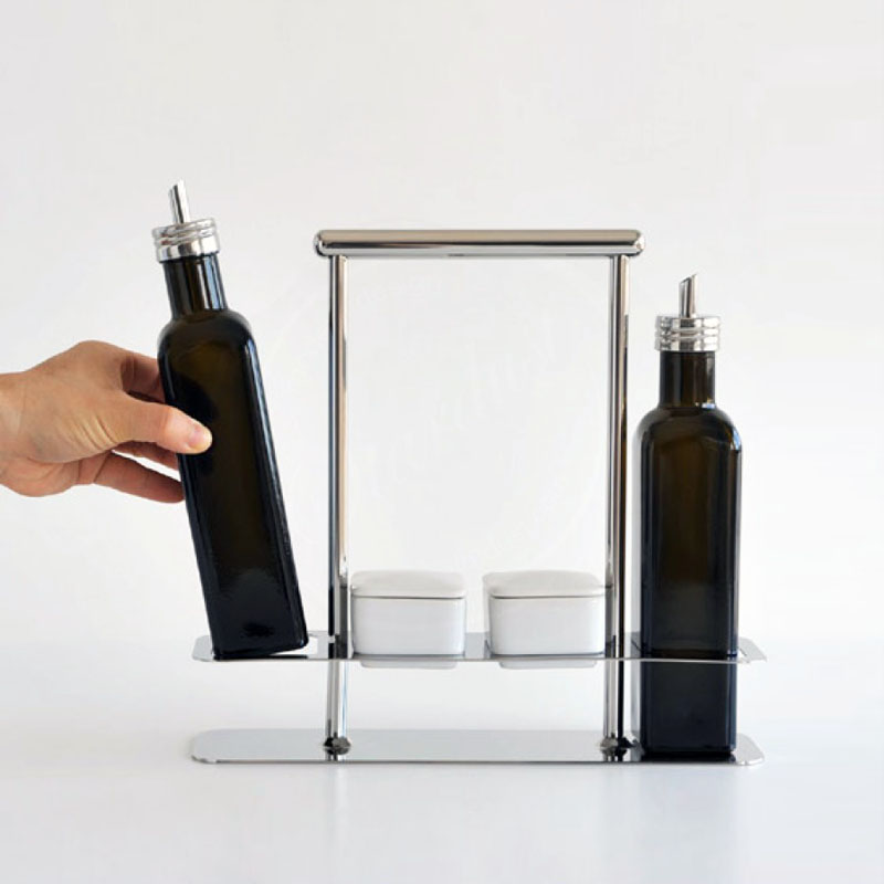 Italian Glass Oil and Vinegar Set w Steel Olive Oil Pourer Spouts