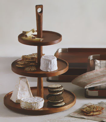 Triple Tiered Wooden Pedestal Food and Cheese Serving Tray 